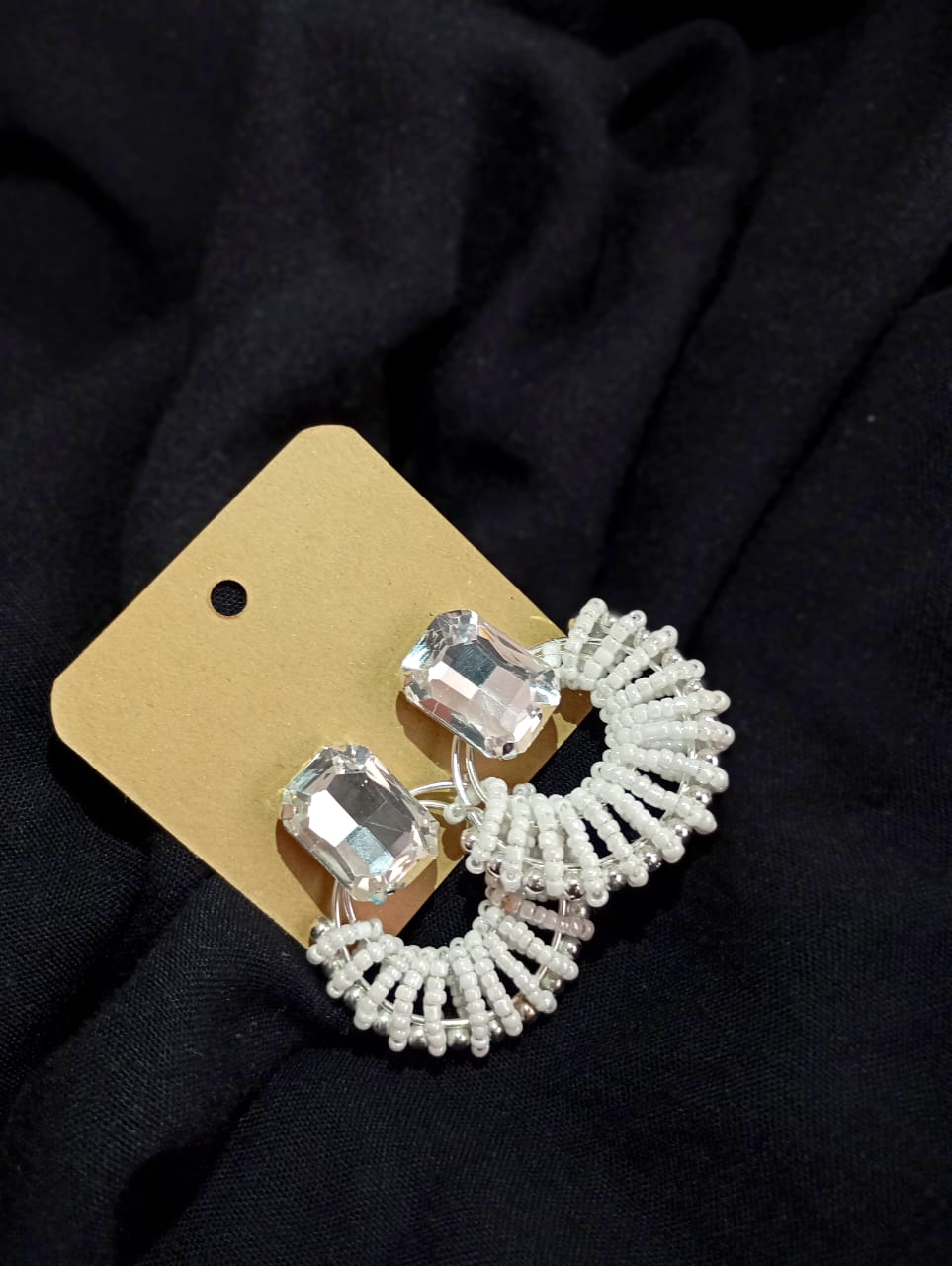 Diamond Stone Hoop White Beads Earrings