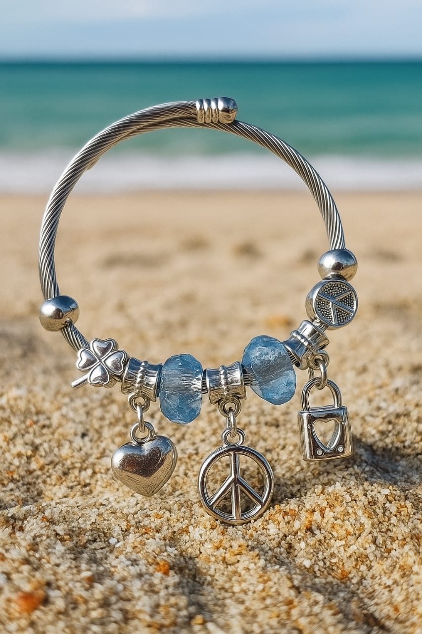 Blue Charm Bracelet with Heart & Lock