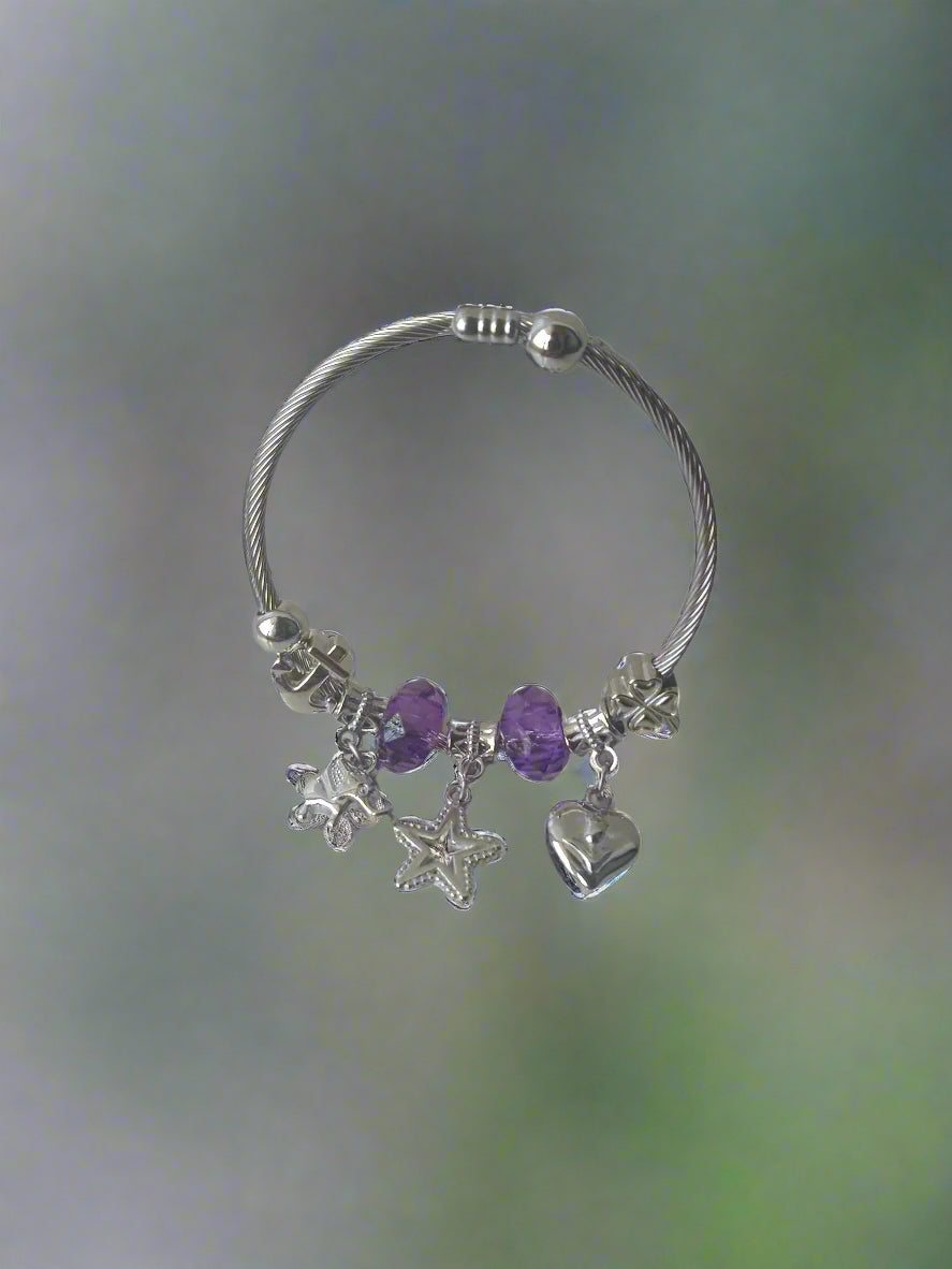 Purple Charm Bracelet with Elephant, Star & Heart