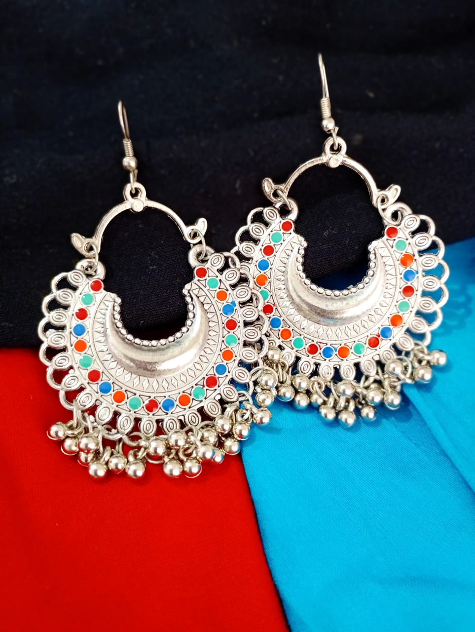 Multi Color Silver Afghani Earrings