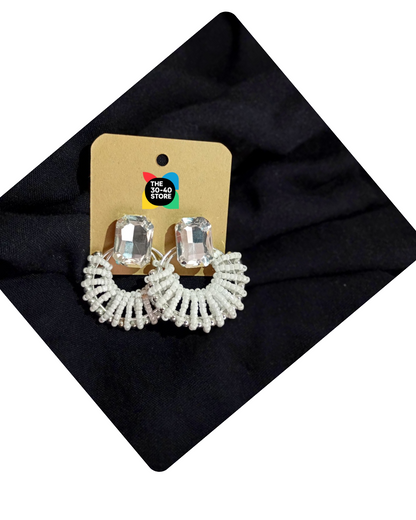 Diamond Stone Hoop White Beads Earrings