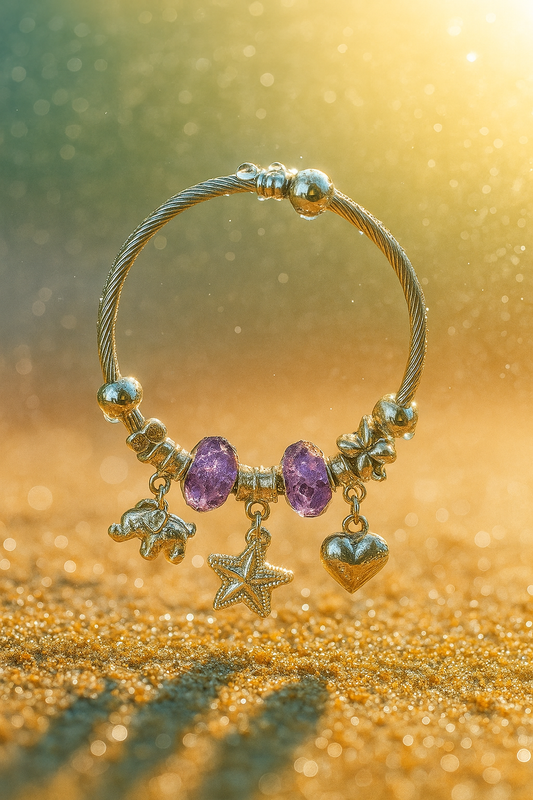 Purple Charm Bracelet with Elephant, Star & Heart