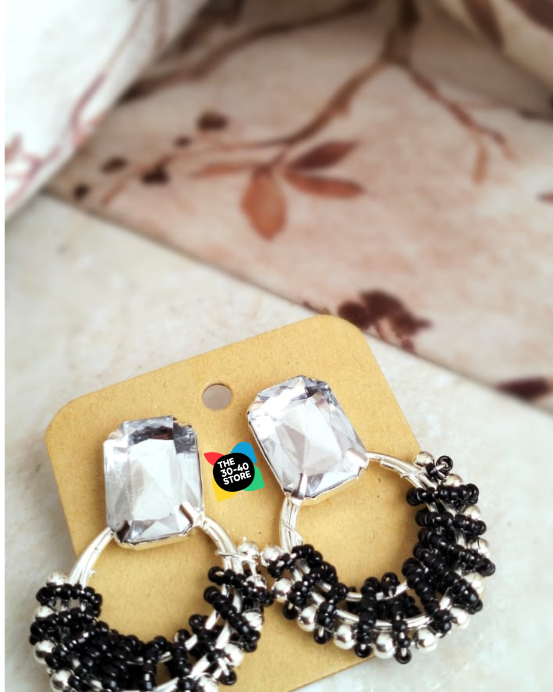 Diamond Stone Hoop Black Beads Earrings