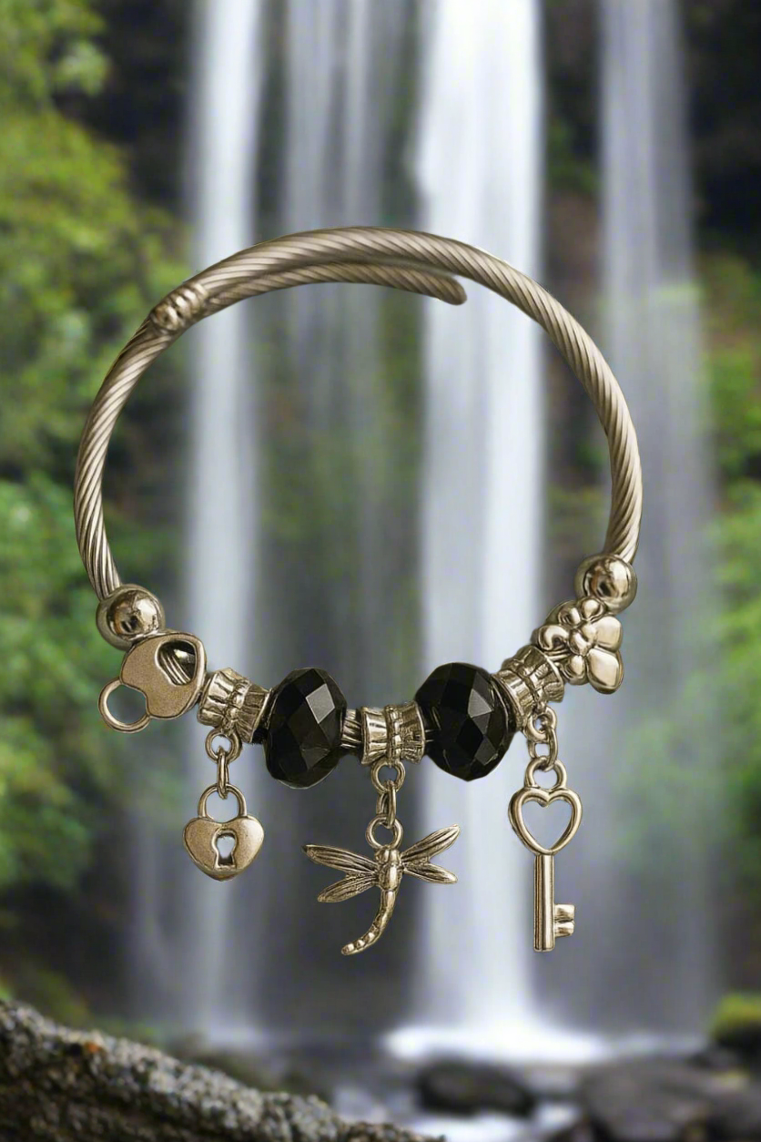 Charm Bracelet with Black Beads and Key, Lock & Dragonfly Charms