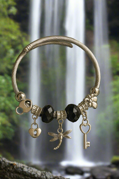 Charm Bracelet with Black Beads and Key, Lock & Dragonfly Charms