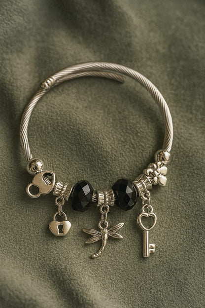 Charm Bracelet with Black Beads and Key, Lock & Dragonfly Charms