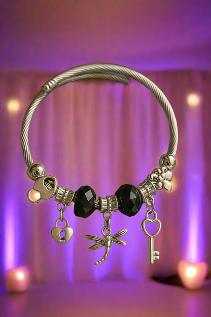 Charm Bracelet with Black Beads and Key, Lock & Dragonfly Charms