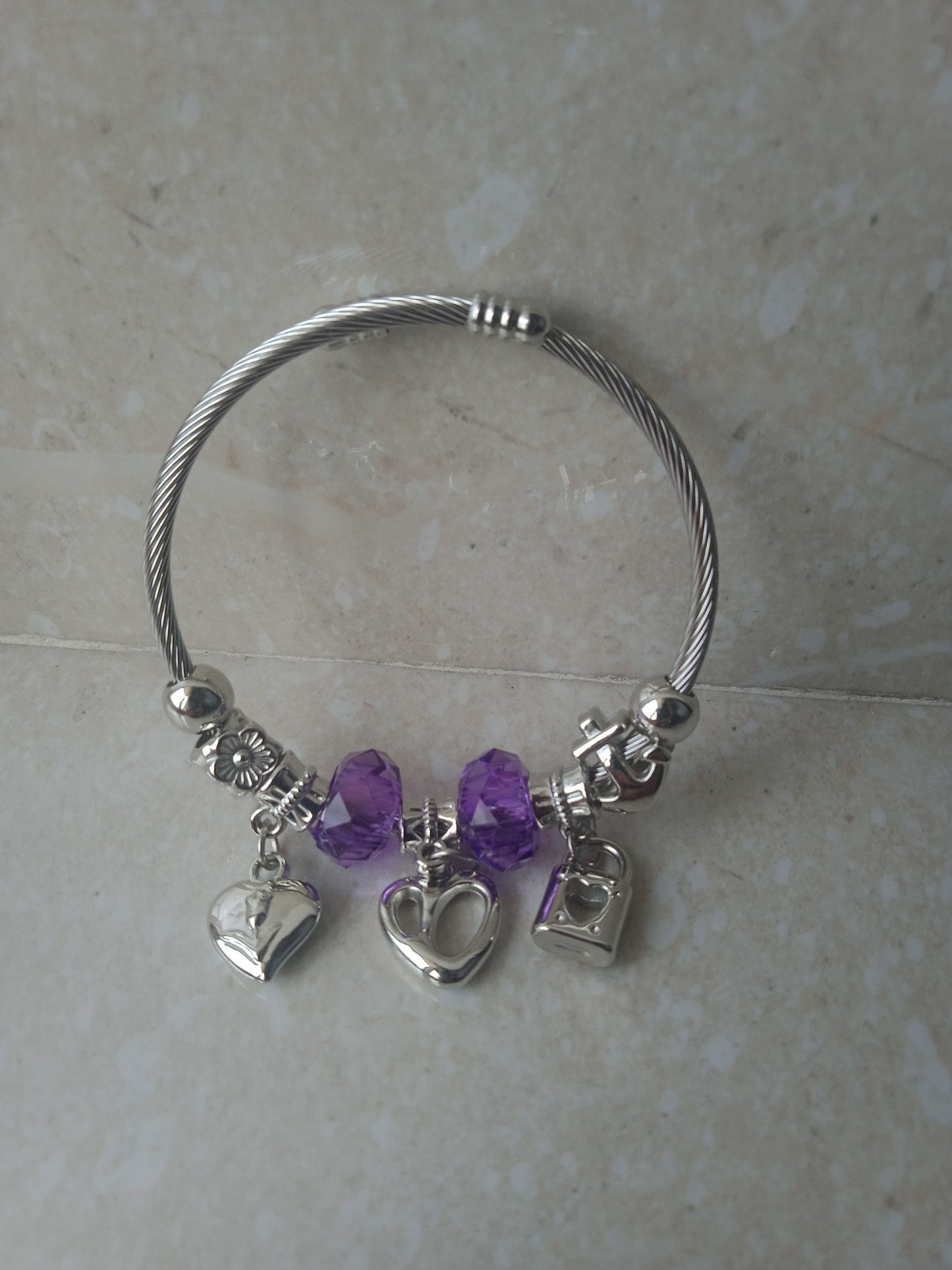 Charm Bracelet with Purple Beads and Heart & Lock Charms