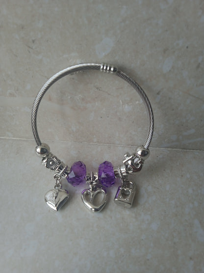 Charm Bracelet with Purple Beads and Heart & Lock Charms