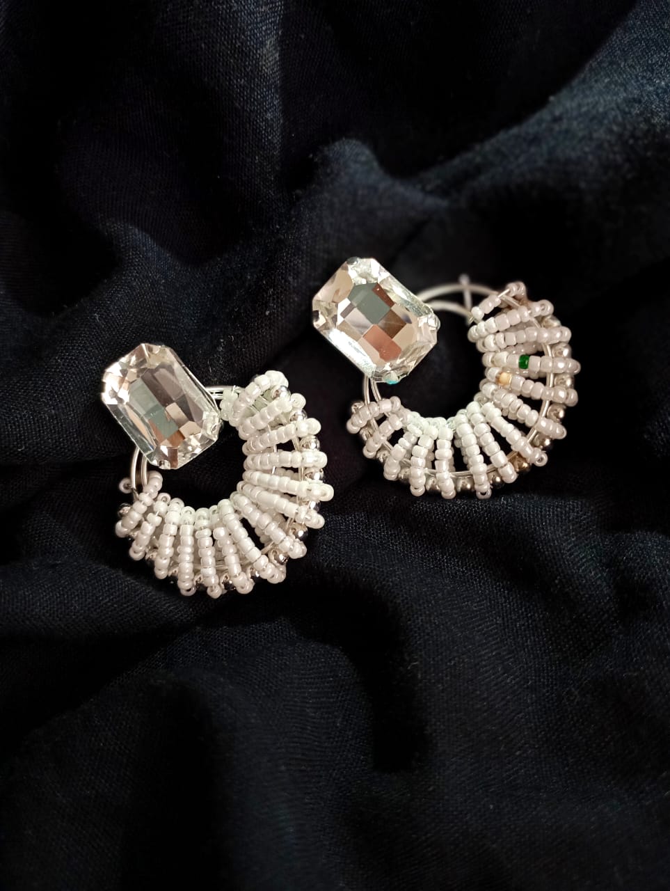 Diamond Stone Hoop White Beads Earrings